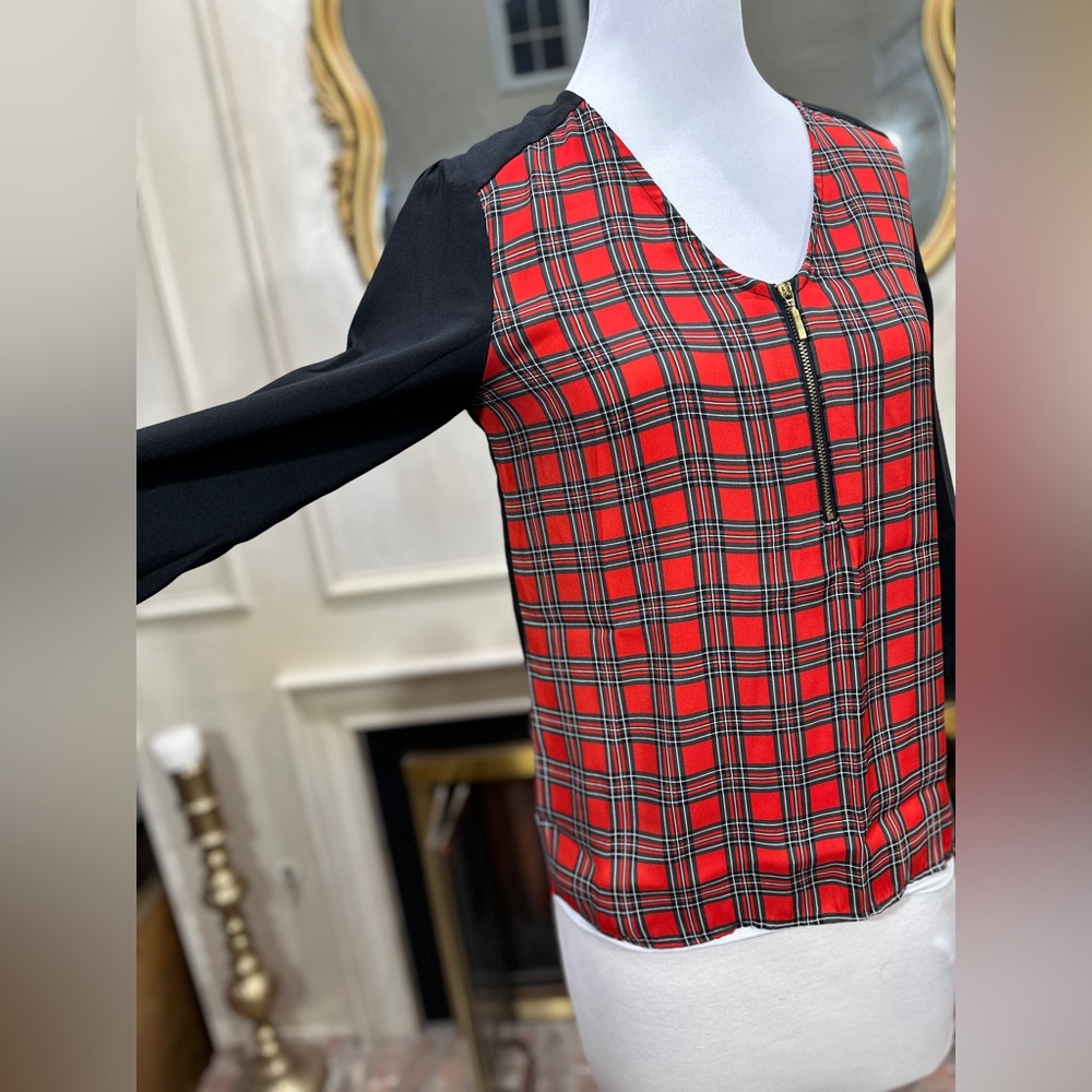 Express Top Small Red Plaid Zip‎ Front 3/4 Sleeve Career Office - Picture 6 of 9
